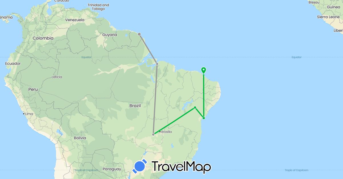 TravelMap itinerary: driving, bus, plane in Brazil, French Guiana (South America)